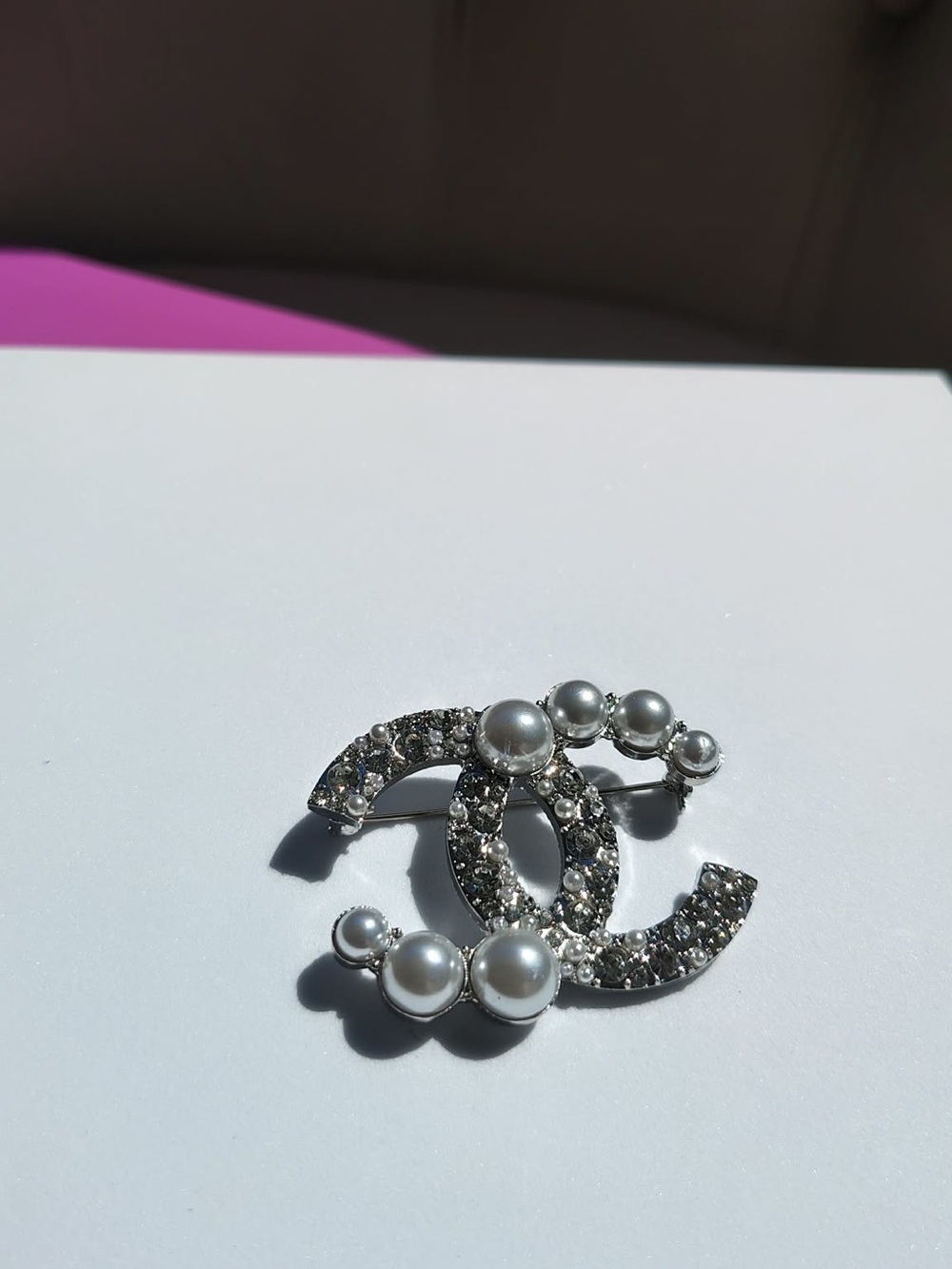 Upcycled Silver Crystal & Pearl Interlocking Logo Brooch